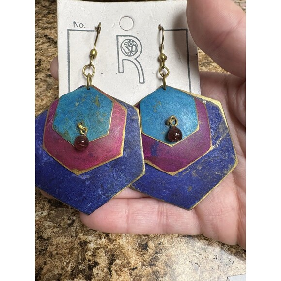 Vintage Funky 80s 90s Style Dangle Drop Earrings Teal Blue Pink Hexagon 2” India - Picture 4 of 6